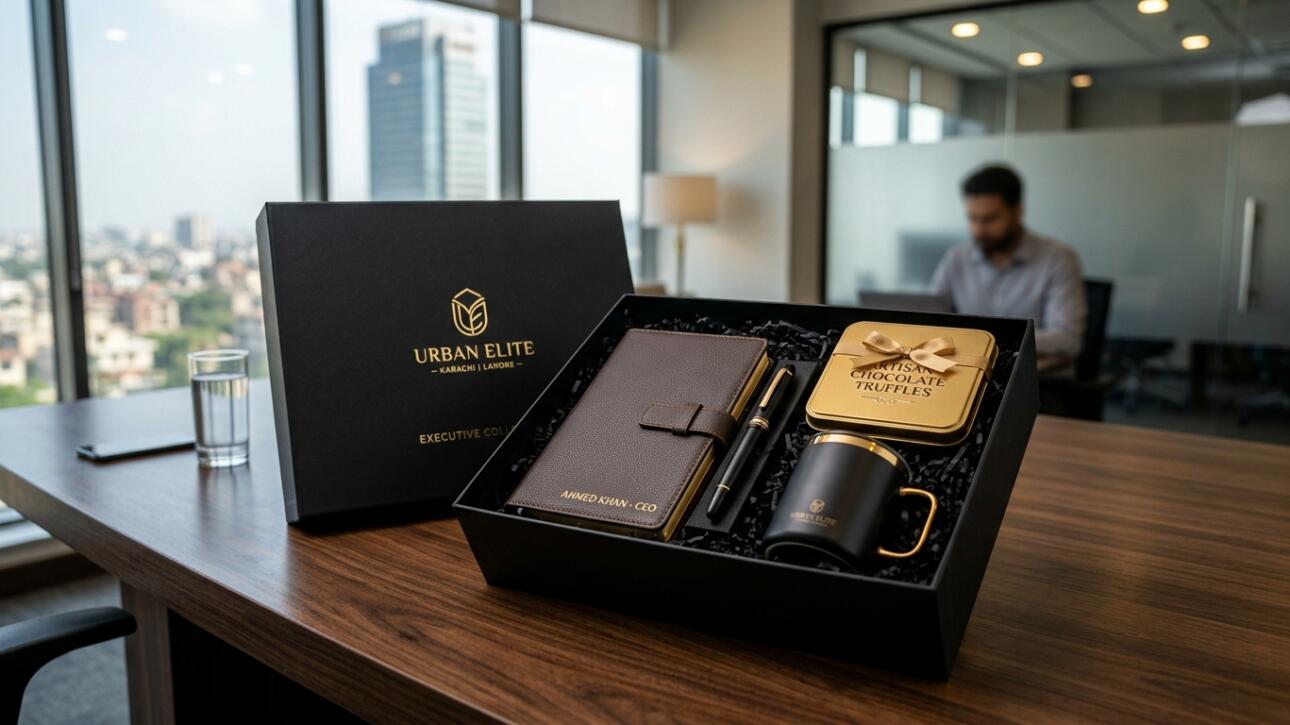 Luxury matte black executive corporate gift hamper box with gold foil lettering, leather diary, and ceramic mug in Lahore boardroom