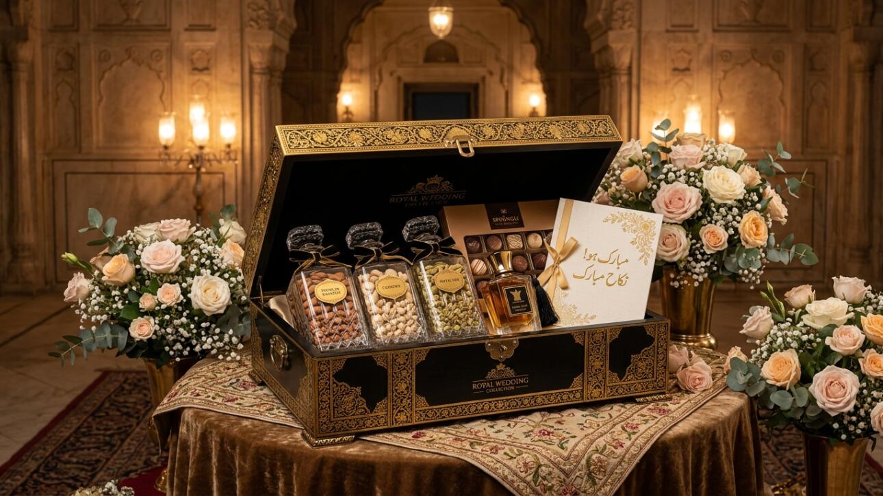 Ornate black and gold royal Nikah gift hamper box with crystal dry fruit jars, oud perfume, and pastel bridal flowers in Lahore