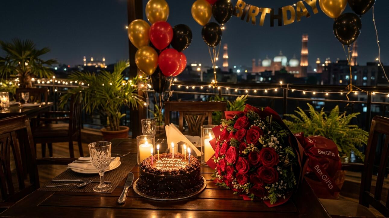12:00 AM midnight birthday surprise table in Lahore with chocolate cake, candles, balloons, and BexGifts red roses bouquet