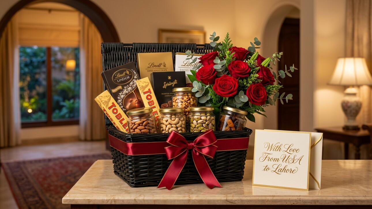 Luxury BexGifts gift hamper with Swiss chocolates, roasted dry fruits, and Ecuadorian red roses for overseas delivery to Pakistan